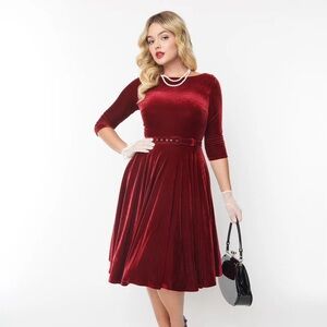 Unique Vintage Burgundy Velvet Devon Swing Dress - L/10-12